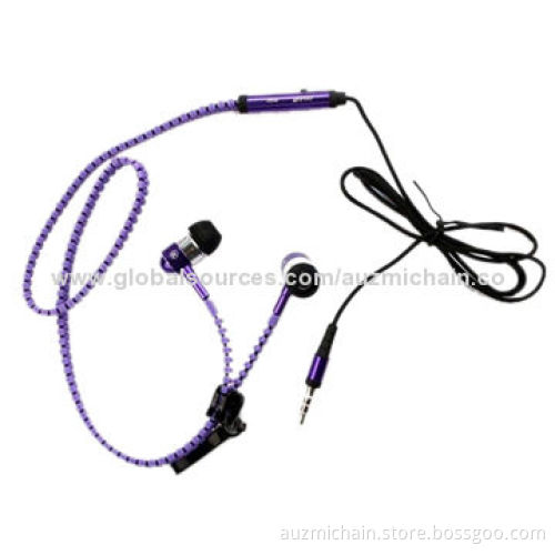 New Design Zip Earphones with Microphone, Available in Red, Blue, Black Colors